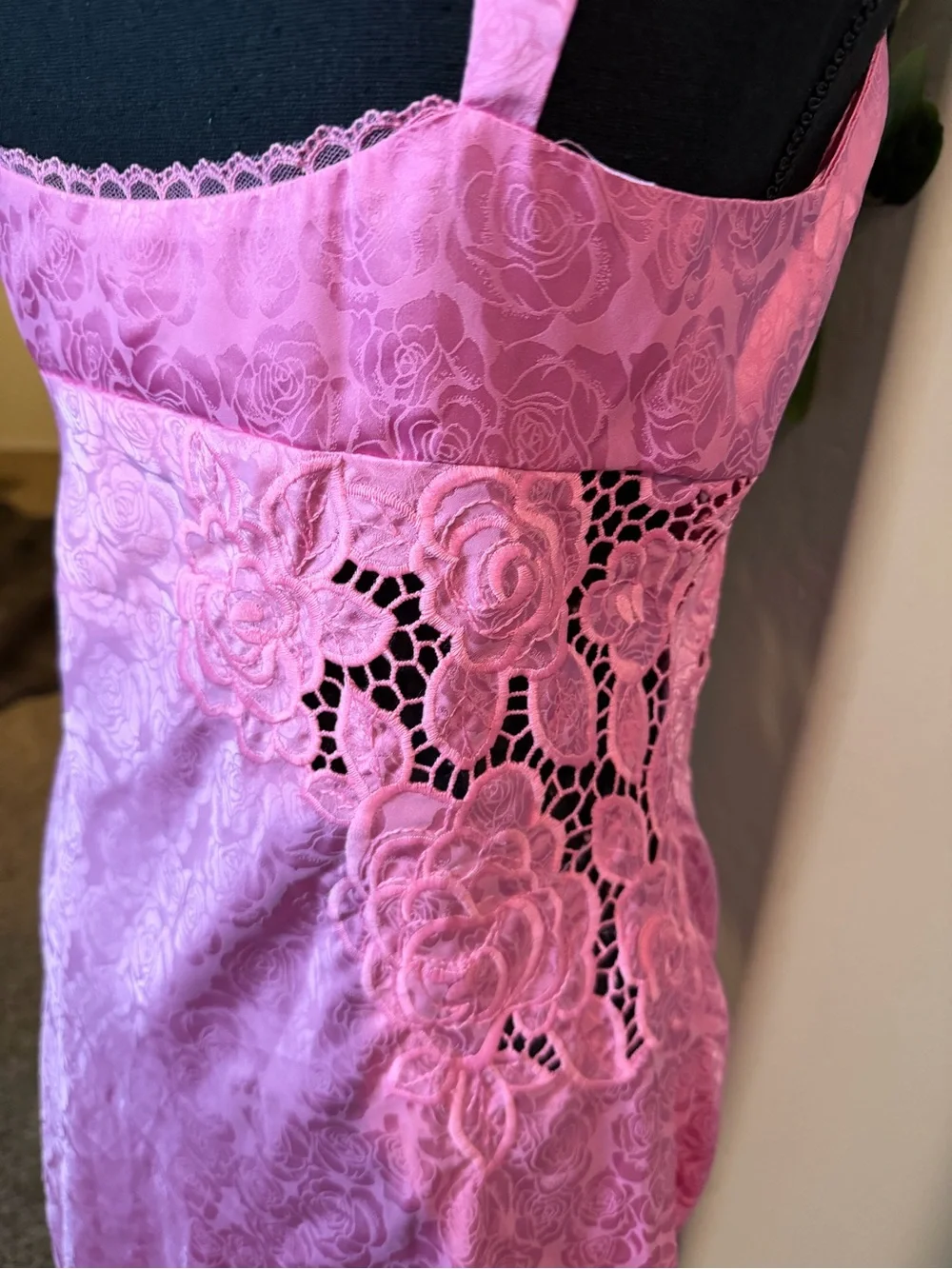 For Love & Lemons x Nuuly Pink Floral Jacquard Rosette Lace Mini Dress Size M